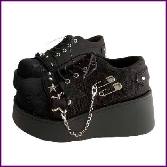Shoes - Denim Wedge Platform Ankle Boots Lace Up Chain Gothic Punk Party